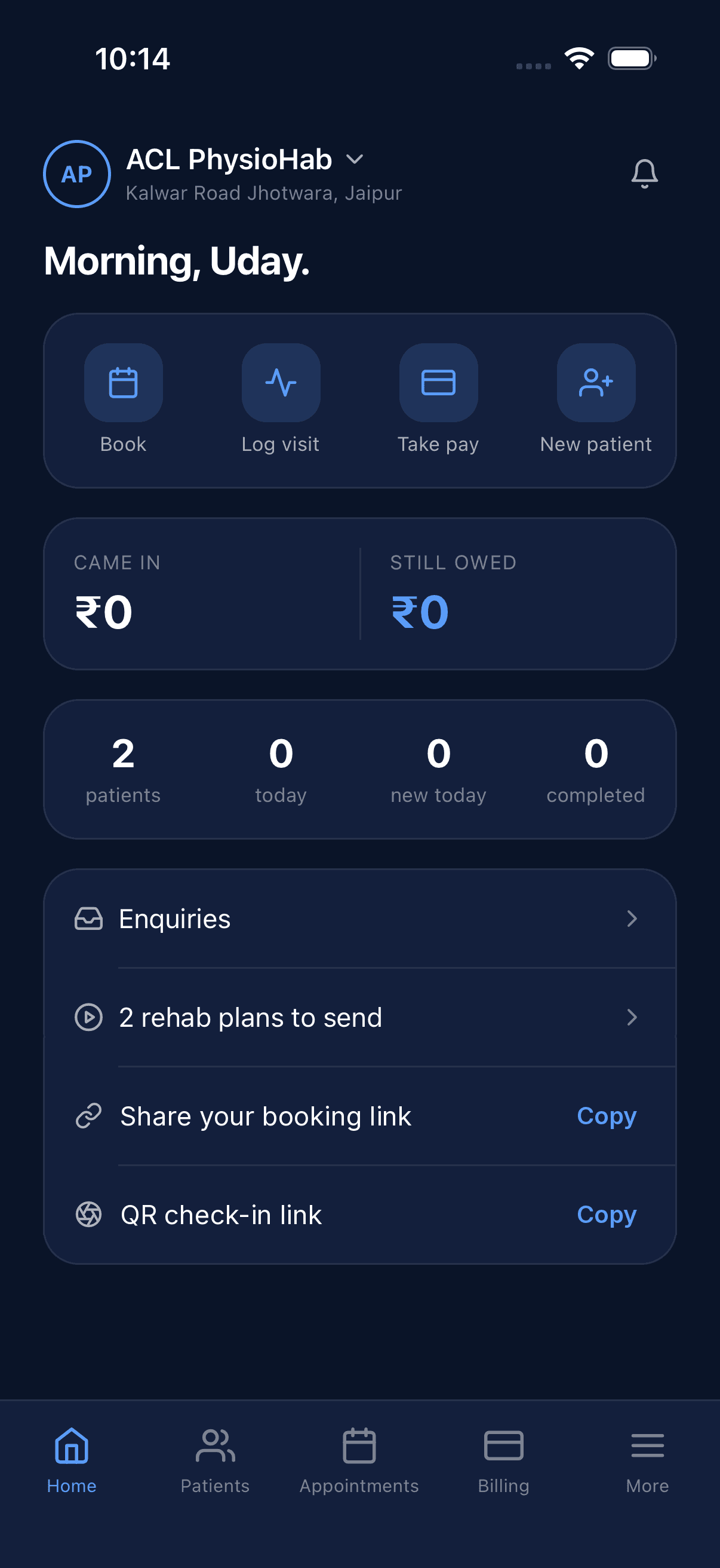 Clinic dashboard used by your physiotherapist to track your visits and progress